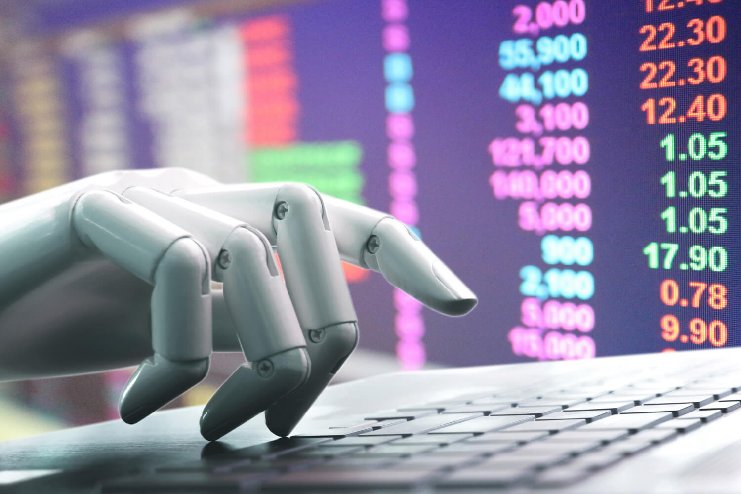 algo trading chatbot robot hand pressing computer keyboard to enter a stock trade