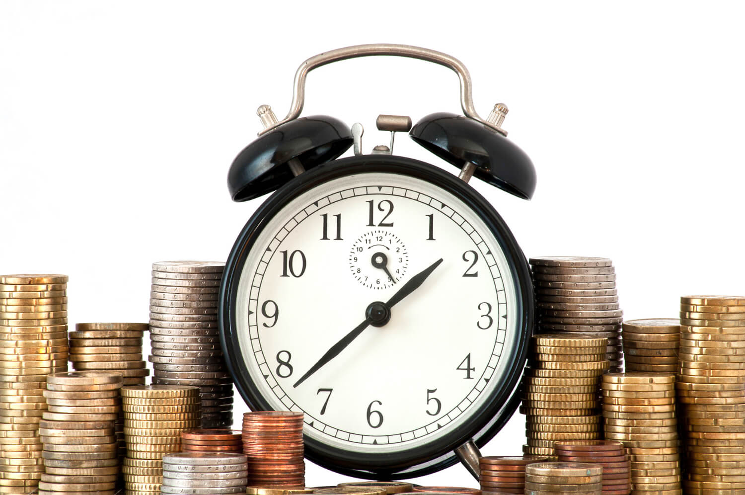 time is money concept when it comes to United States equities settlement system: alarm clock and lots of euro coins
