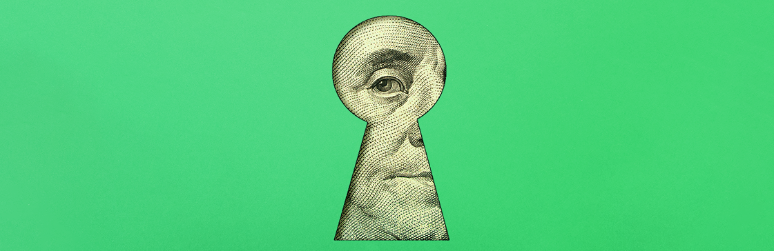 Depiction of Benjamin Franklin peering through a keyhole, symbolizing projections for inflation 2023 and beyond
