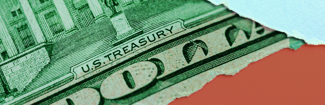 Close-up view of a section of a banknote featuring the iconic U.S. Treasury sign, a symbol of financial stability and government-backed currency. Explore the connection to economic trends and financial forecasts, including insights into 10-Year Treasury Yields