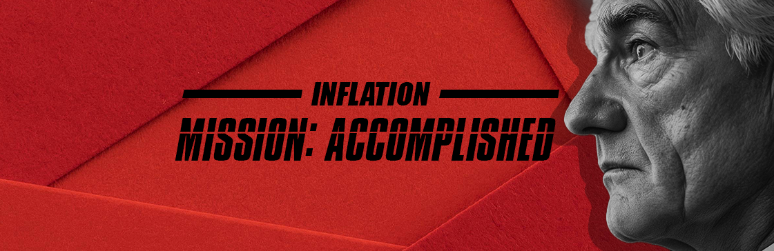 Mission Accomplished: An adaptation of the 'Mission Impossible' movie cover, featuring a stylized depiction of Jerome Powell, symbolizing successful control of inflation