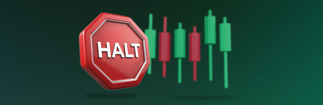 Graphic illustrating the Halts Window on Hammer Pro, featuring a stop sign alongside candlestick charts that represent trading pauses in the market