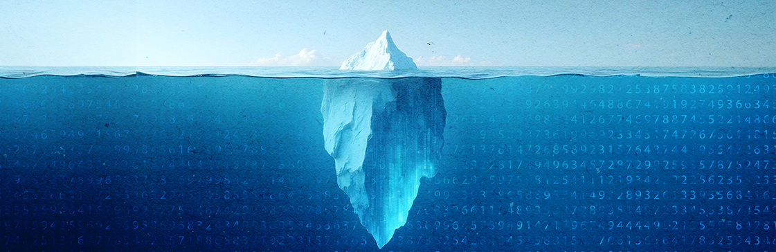 An iceberg floats in calm blue water, with only a small portion visible above the surface and a vast mass hidden below. Beneath the waterline, data streams and numbers are embedded in the submerged ice, symbolizing hidden details. This visual metaphor highlights transparency in brokerage—revealing the deeper layers of pricing, processes, and service quality that clients increasingly demand.
