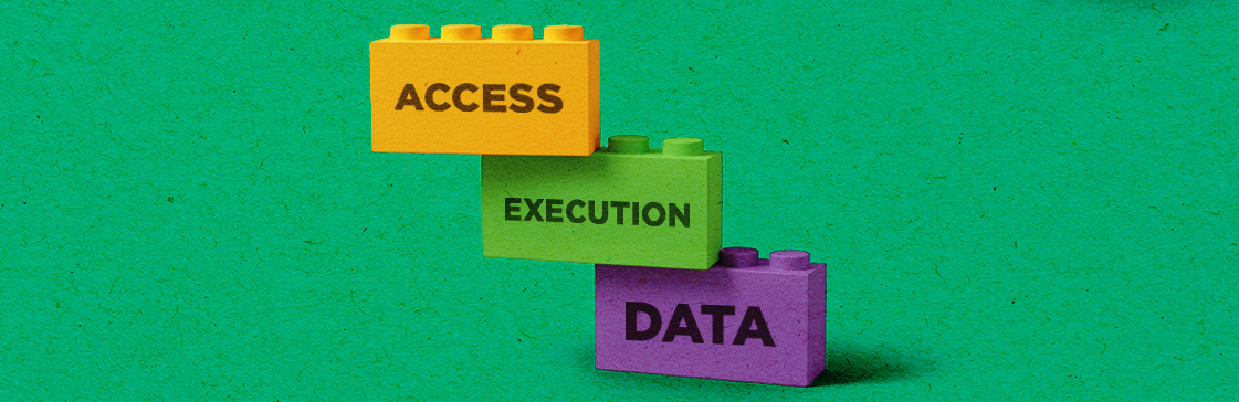 Stacked building blocks labeled DATA, EXECUTION, and ACCESS, symbolizing the foundational elements brokers use to engage systematic short sellers