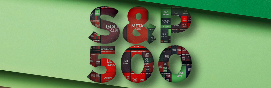 S&P 500 sectors visualized as a performance heatmap inside stylized text design, showing sector-level stock movements and trends