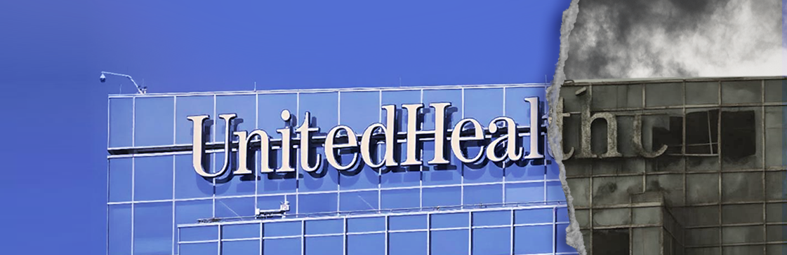 Visual metaphor of United Health stock performance, with a split image showing a healthy facade on one side and a deteriorated, smoky building on the other - reflecting growing uncertainty and the need for reassessment.