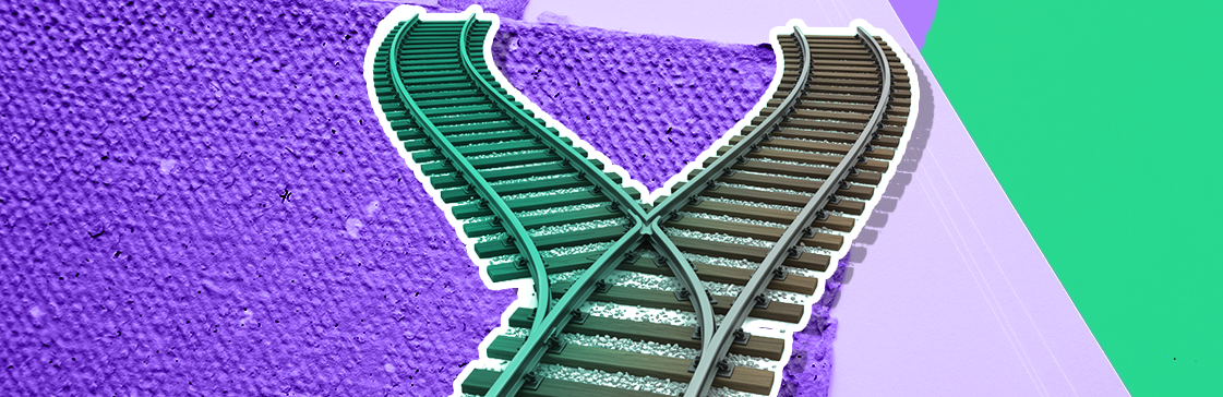 Illustration of a railroad track splitting into two paths, symbolizing diverging outcomes—representing the uncertain relationship between a potential 2025 US recession and the stock market’s response