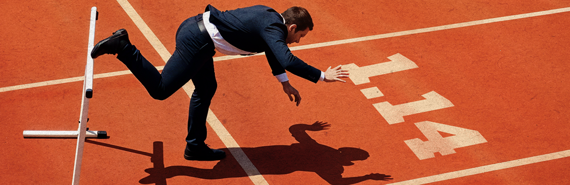 Businessman stumbling over a hurdle on a track marked “1.14”, symbolizing resistance in the EURUSD forecast and potential market reversal.