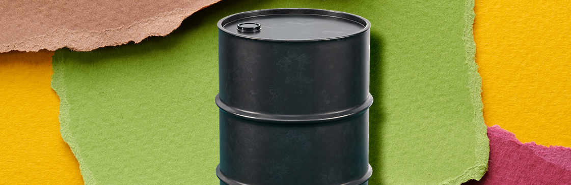 Black oil barrel on a colorful torn paper background, symbolizing oil prices and market volatility