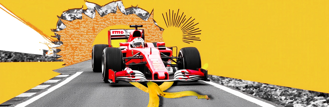 A red Formula 1 car skidding on a banana peel, symbolizing proprietary trading teams navigating sudden market volatility caused by Trump’s Liberation Day tariffs, with a bold yellow background representing economic turbulence.