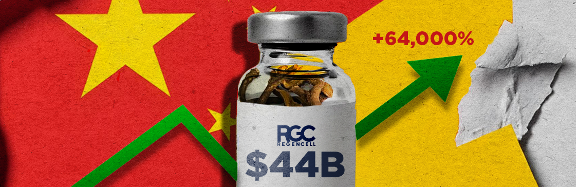 Illustration showing Regencell stock’s $44B valuation surge with a +64,000% gain, symbolized by a vial containing traditional Chinese herbs and a rising green arrow against the backdrop of the Chinese flag.