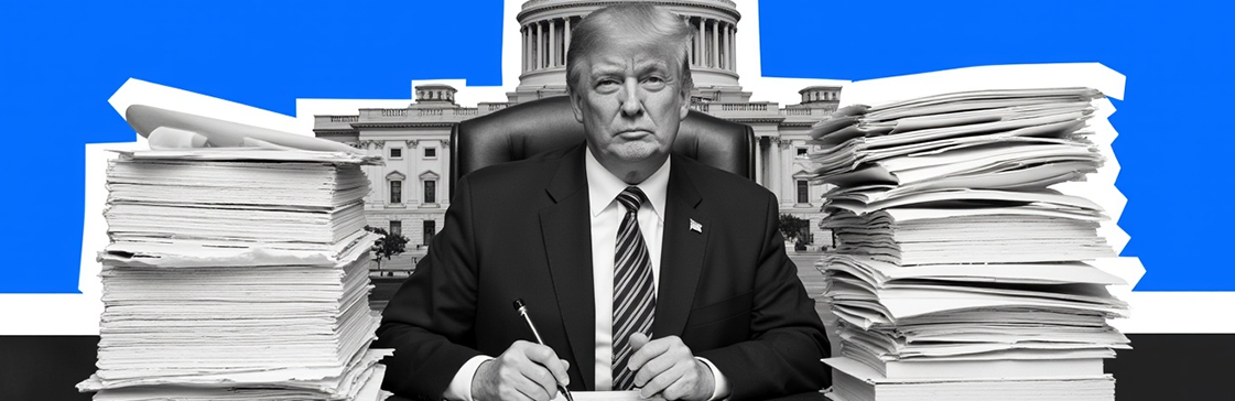 Donald Trump sits at a desk in front of the U.S. Capitol, surrounded by towering stacks of paperwork, symbolizing the massive scope of the so-called Big Beautiful Law. The image conveys the overwhelming legislative impact of the law, hinting at its implications for U.S. debt, bond markets, and business figures like Elon Musk. The background features bold blue and black graphic elements emphasizing the political and economic weight of the policy