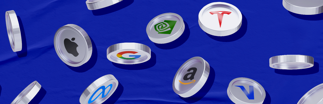 Illustration of tokenized shares represented as digital coins featuring logos of major tech companies including Apple, Google, Tesla, Amazon, Meta, NVIDIA, and Visa, floating against a blue background.