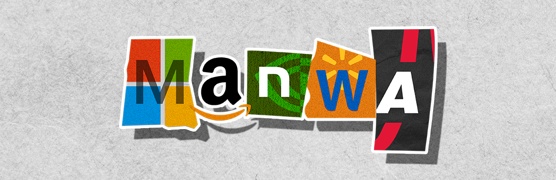 Collage-style graphic spelling out 'MANWA' using logo elements from Microsoft, Amazon, Nvidia, Walmart, and Broadcom, representing the Top 5 US stocks most favored by analysts