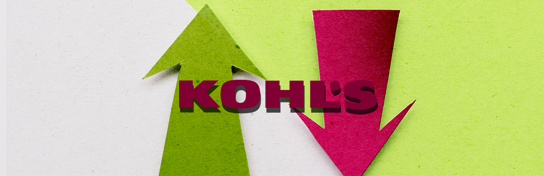 Green upward arrow and red downward arrow behind the word “Kohl’s,” symbolizing contrasting stock movements, used to illustrate short interest in Kohl’s Corp stock.