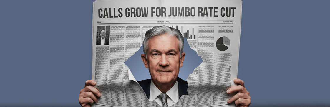 newspaper with the headline “Calls Grow for Jumbo Rate Cut” and a man’s face emerging through it, symbolizing Federal Reserve decisions, interest rates, and inflation expectations.