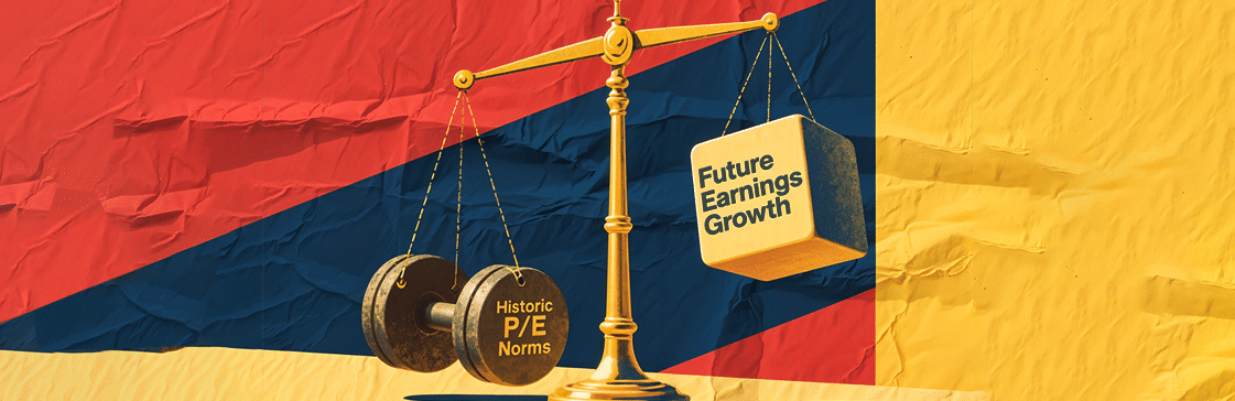 Illustration of a scale balancing historic P/E norms against future earnings growth, symbolizing how the S&P 500 forward P/E ratio depends on past averages versus expected growth.