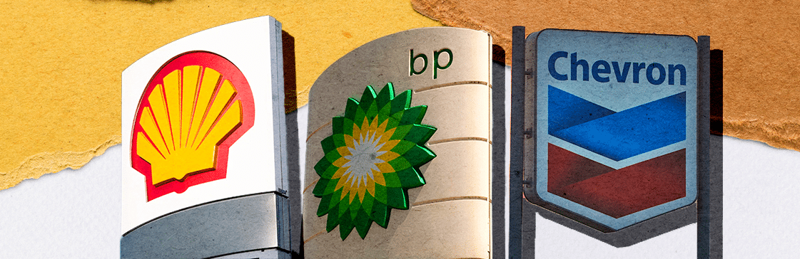 Logos of Shell, BP, and Chevron representing major oil stocks in the energy sector