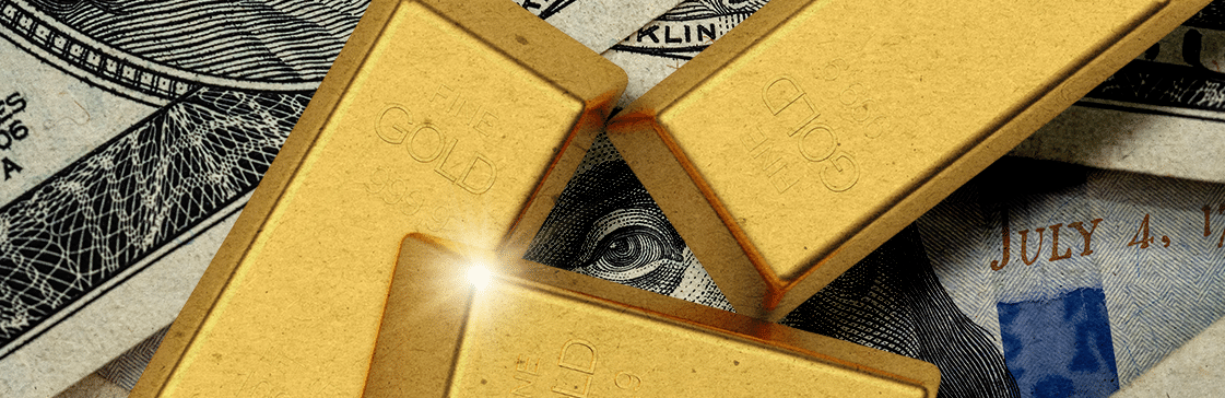 Gold bars on US dollar bills representing gold as a hedge against inflation and investment value in 2025