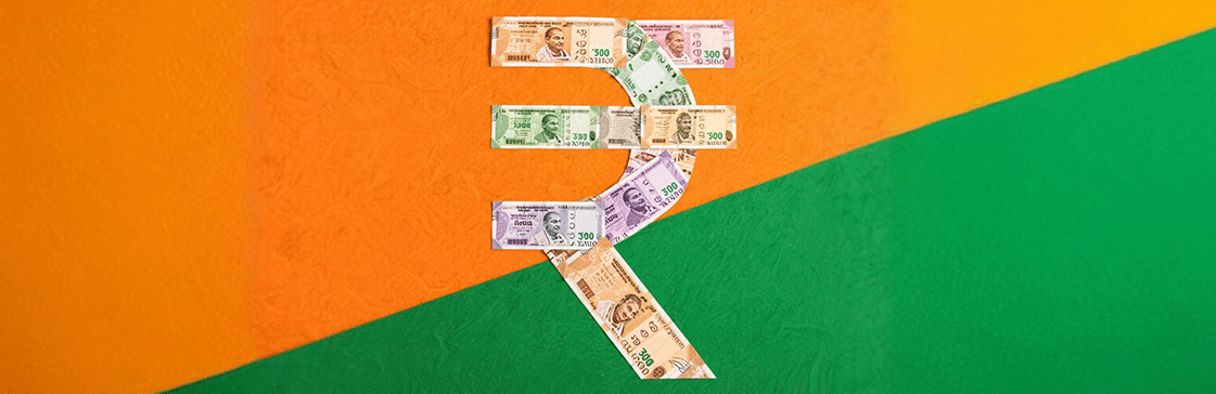 India vs. China economy concept with Indian Rupee symbol made of banknotes on tricolor background