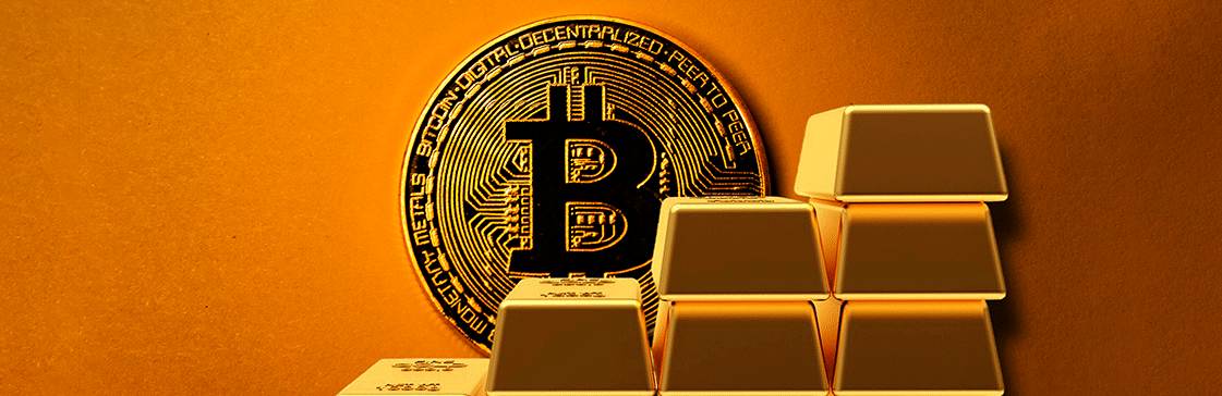 Bitcoin coin with stacked gold bars symbolizing Bitcoin vs Gold comparison as stores of value