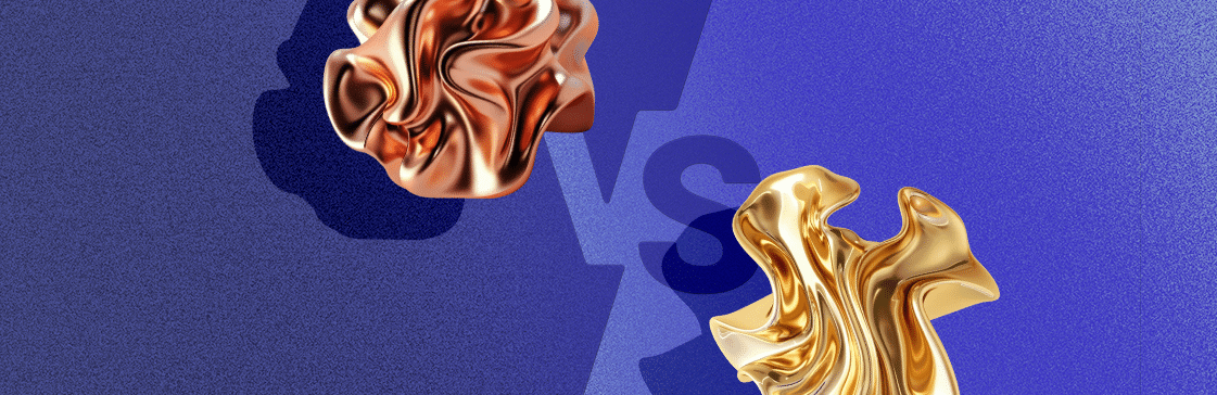 Abstract copper and gold forms with VS symbol, illustrating copper vs gold performance as an inflation hedge