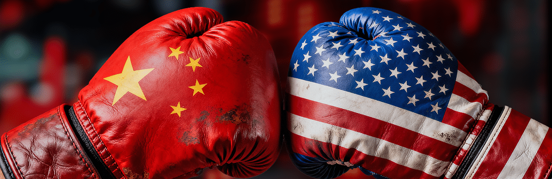 Trade War Escalation visualized with American and Chinese flag boxing gloves, reflecting growing pressure on global markets and investor sentiment.