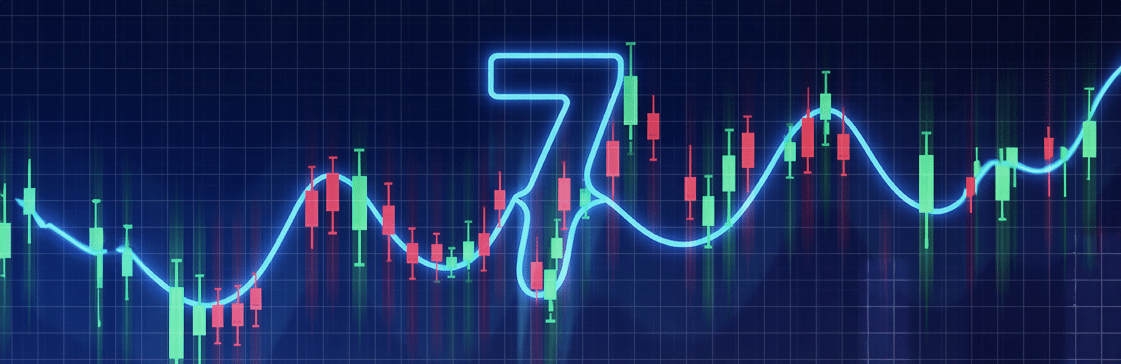 Candlestick chart showing market price fluctuations with a glowing blue line forming the number 7, symbolizing the 7 year cycle in financial markets.