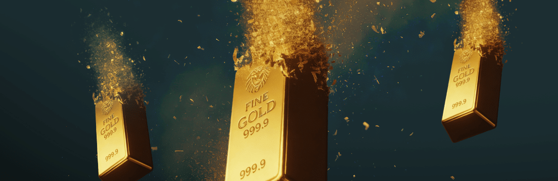 Gold bars fading into dust, symbolizing an overvalued gold market and potential correction.