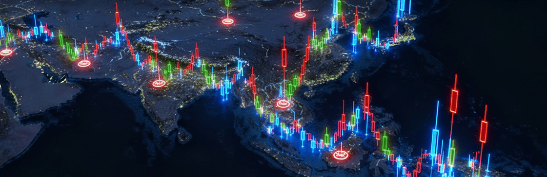 Night view of Asia overlaid with stock charts, symbolizing capital flows led by Asian institutional investors.