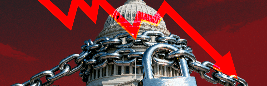 Illustration of the U.S. Capitol building locked in chains with a red downward arrow, symbolizing how a government shutdown could trigger a stock market correction.