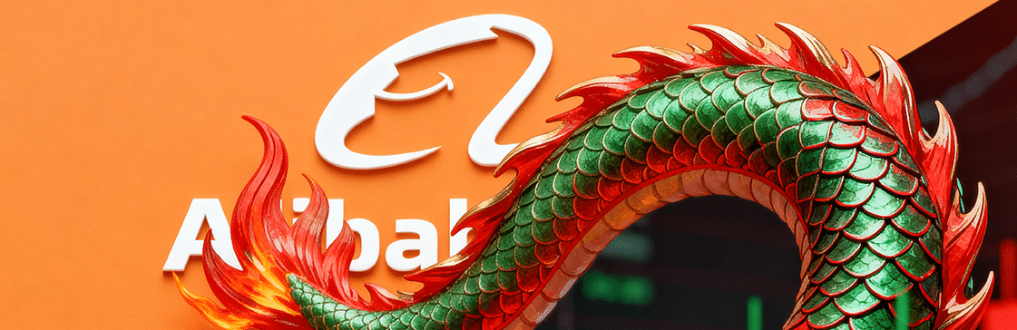 Alibaba logo with a Chinese dragon sculpture symbolizing China and foreign investments growth in 2025.