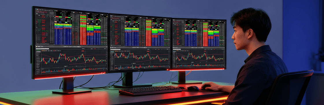 Hong Kong trader using multi-screen setup to apply overnight trading strategies and monitor Asia-US market arbitrage opportunities.