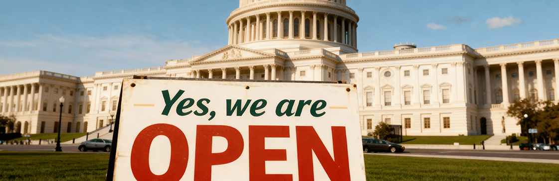 U.S. Capitol with an open sign and coming clouds during the government shutdown 2025