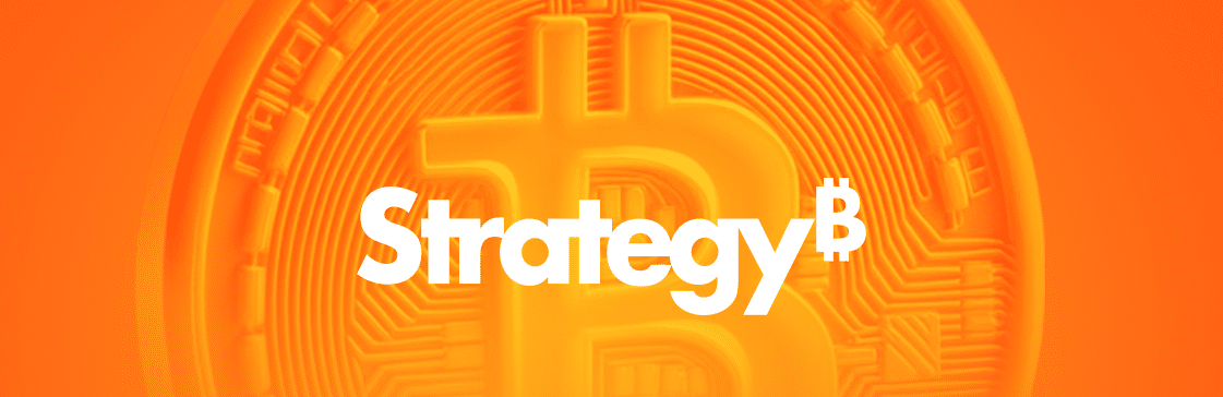 Bright orange Bitcoin background with the word “Strategy ₿” representing MSTR stock analysis and Bitcoin investment approach.