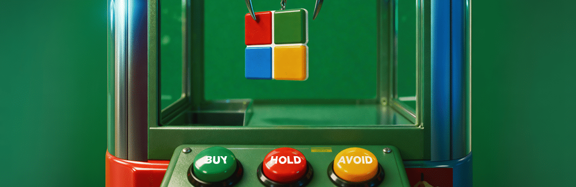 A claw machine holding a Microsoft logo block above three buttons labeled "BUY," "HOLD," and "AVOID," representing investment choices.