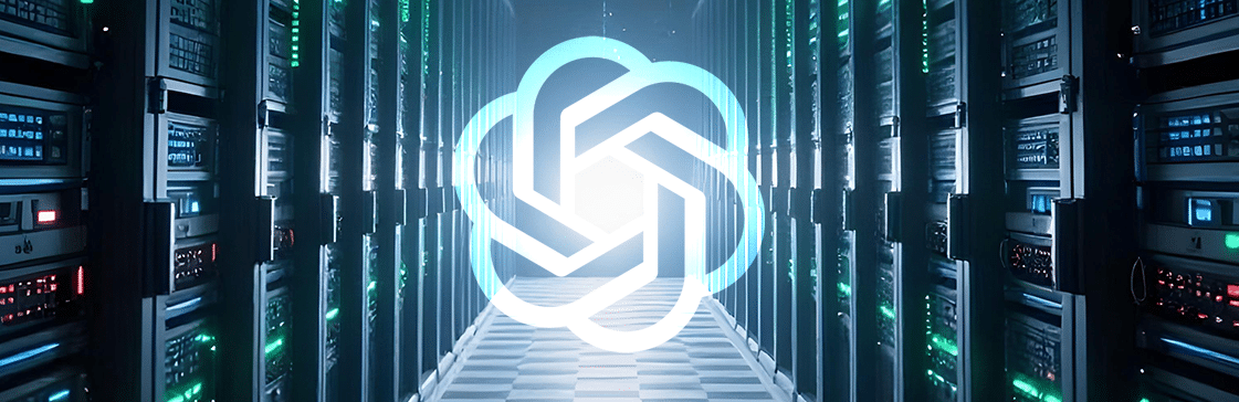 Futuristic data center with rows of servers and a bright AI logo in the center, illustrating themes of rapid growth and the AI bubble.