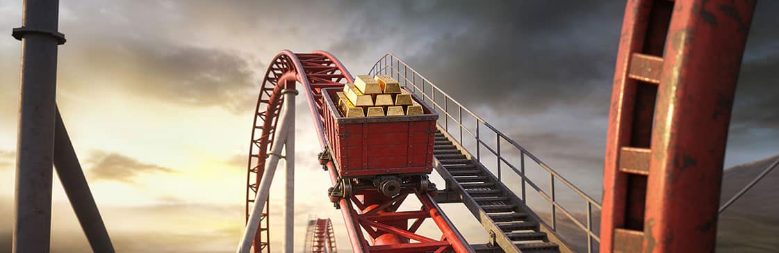 Illustration of gold investing showing a roller coaster cart filled with gold bars, symbolizing market volatility and risk.