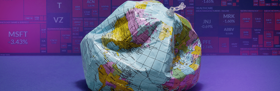 Deflating globe against a red stock market heatmap — global recession 2026 equity market outlook