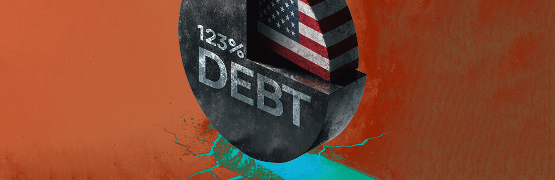 Stone disc reading "123% DEBT" wrapped in a US flag, cracking the ground beneath it, visualizing US government debt at 123% of GDP