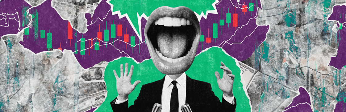 Stock market manipulation concept art depicting pump and dump stock scheme with fraudulent promoter, volatile candlestick charts, and collapsing stock prices