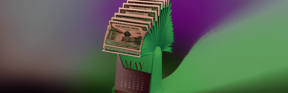 A stylised 3D illustration of US Treasury bonds fanned out above a May calendar, representing the US bond market outlook for May 2026.
