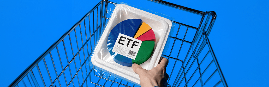 Not everything on the shelf is worth buying — a packaged ETF pie chart in a shopping cart, illustrating how to pick an ETF that actually delivers
