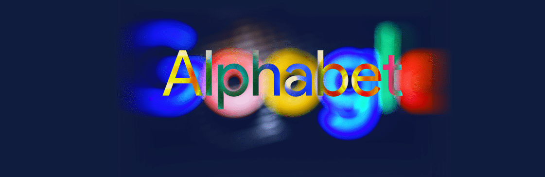Alphabet lettering in Google's signature colors overlaid on a blurred Google logo, dark navy background.