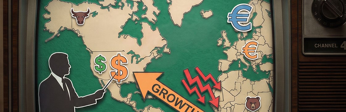 EURUSD Forecast 2026 illustration — growth arrow toward the dollar, decline arrows toward the euro, vintage TV frame